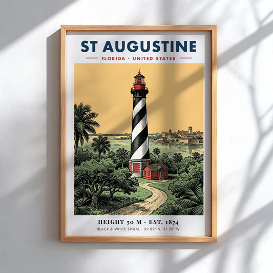 Poster of the St Augustine lighthouse with a black and white spiral pattern
