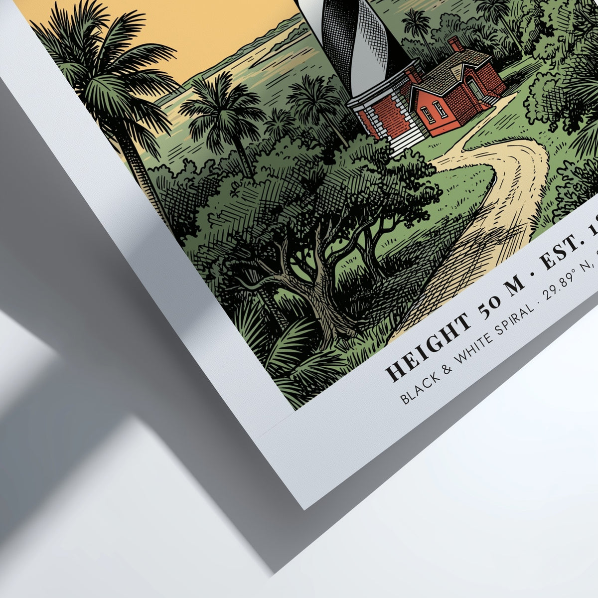 Poster of the St Augustine lighthouse with a black and white spiral pattern
