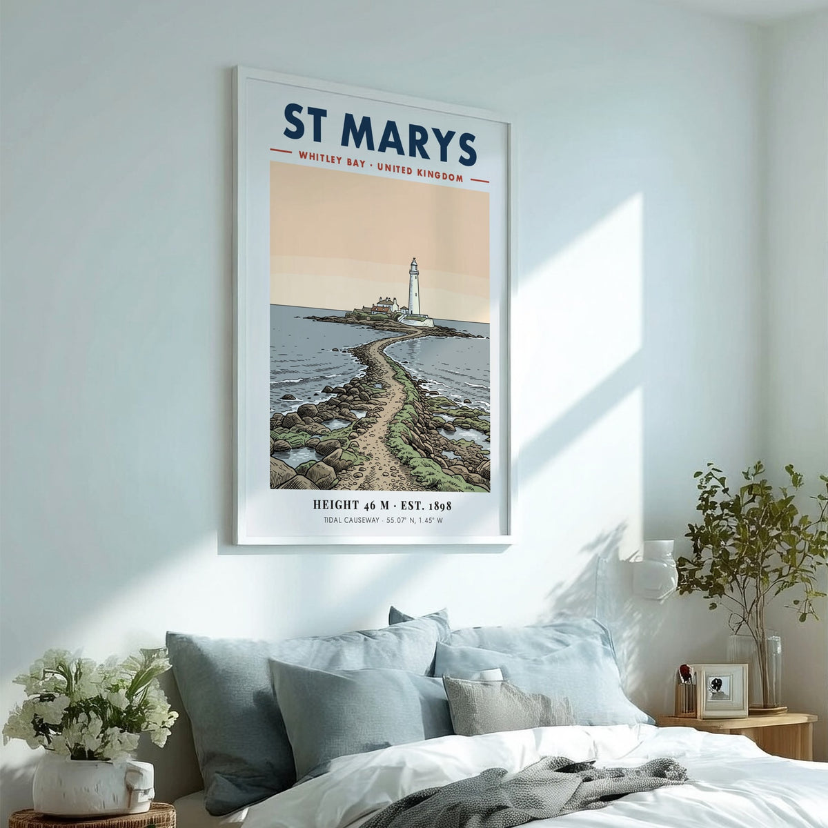 Coastal travel poster featuring St Marys Lighthouse in Whitley Bay with tidal causeway