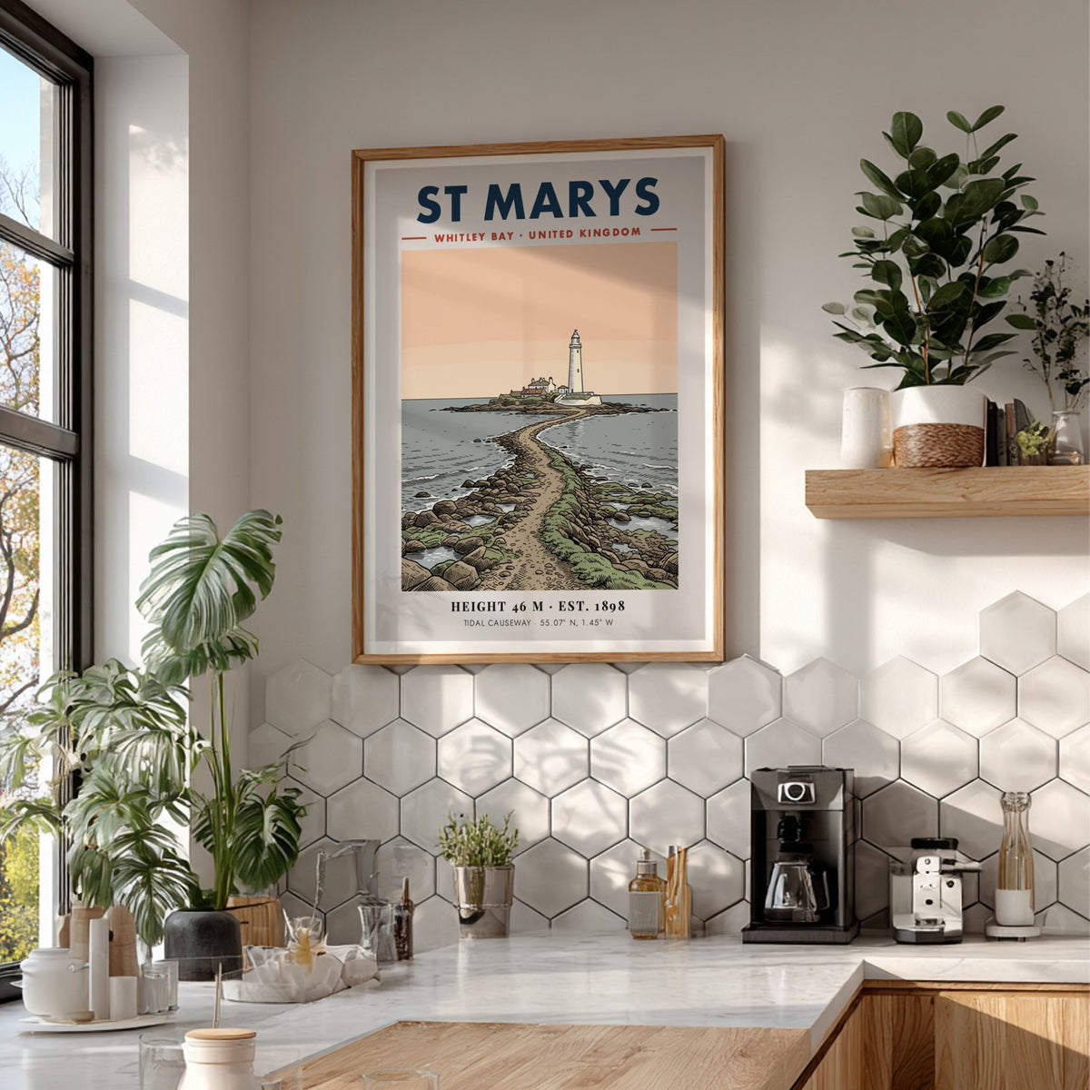 Coastal travel poster featuring St Marys Lighthouse in Whitley Bay with tidal causeway