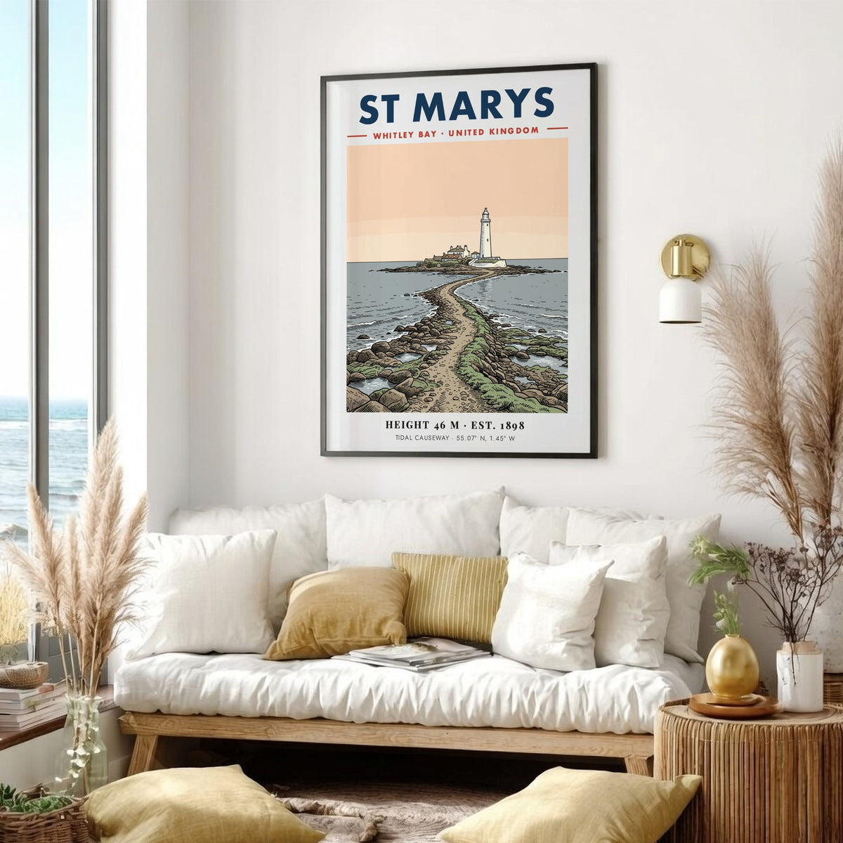 Coastal travel poster featuring St Marys Lighthouse in Whitley Bay with tidal causeway