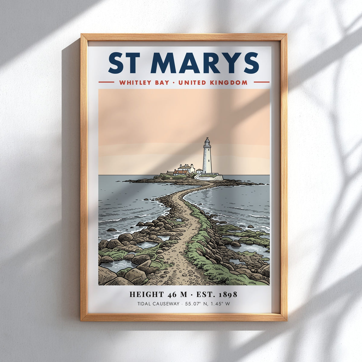 Coastal travel poster featuring St Marys Lighthouse in Whitley Bay with tidal causeway