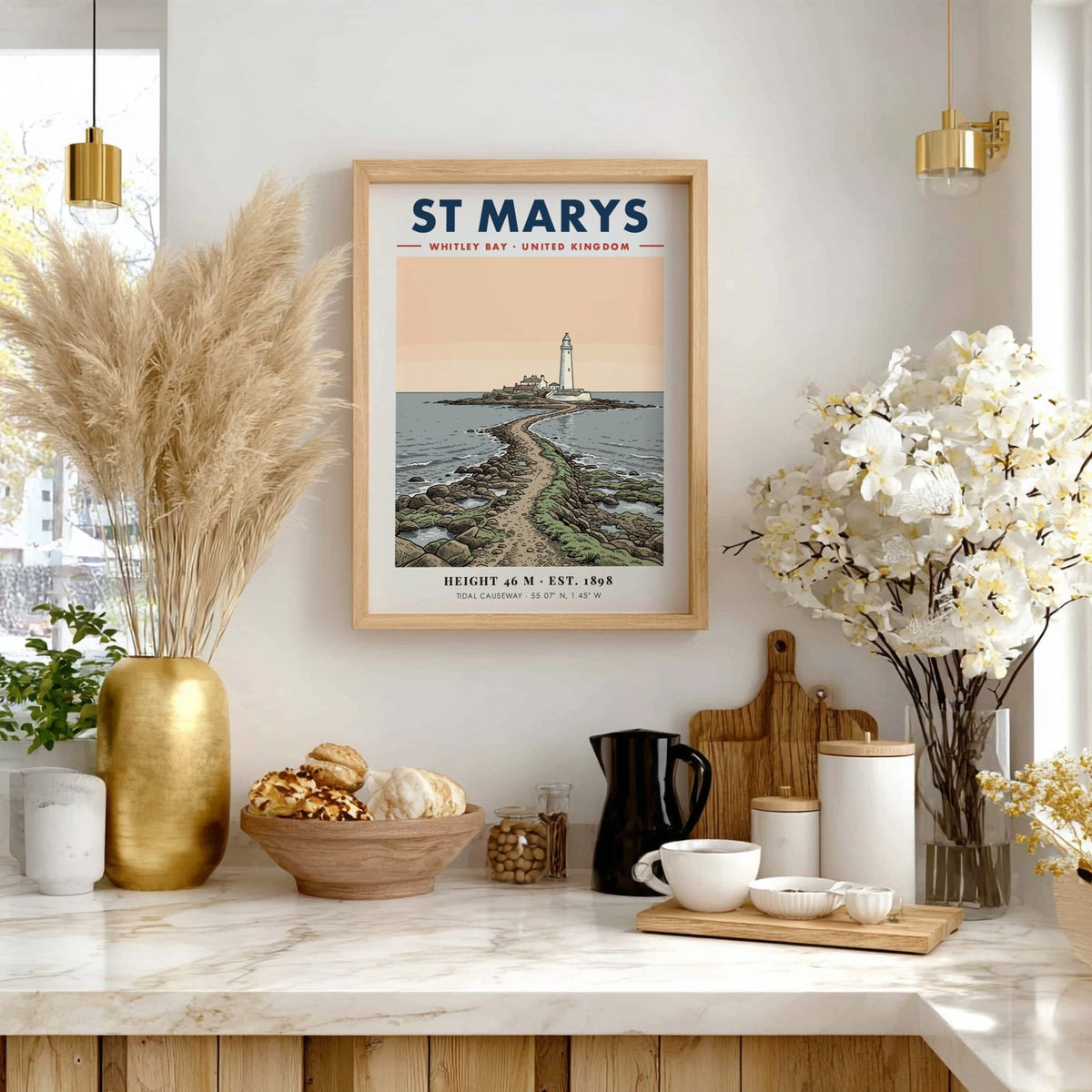 Coastal travel poster featuring St Marys Lighthouse in Whitley Bay with tidal causeway