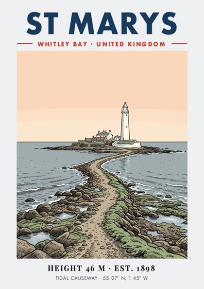 Coastal travel poster featuring St Marys Lighthouse in Whitley Bay with tidal causeway