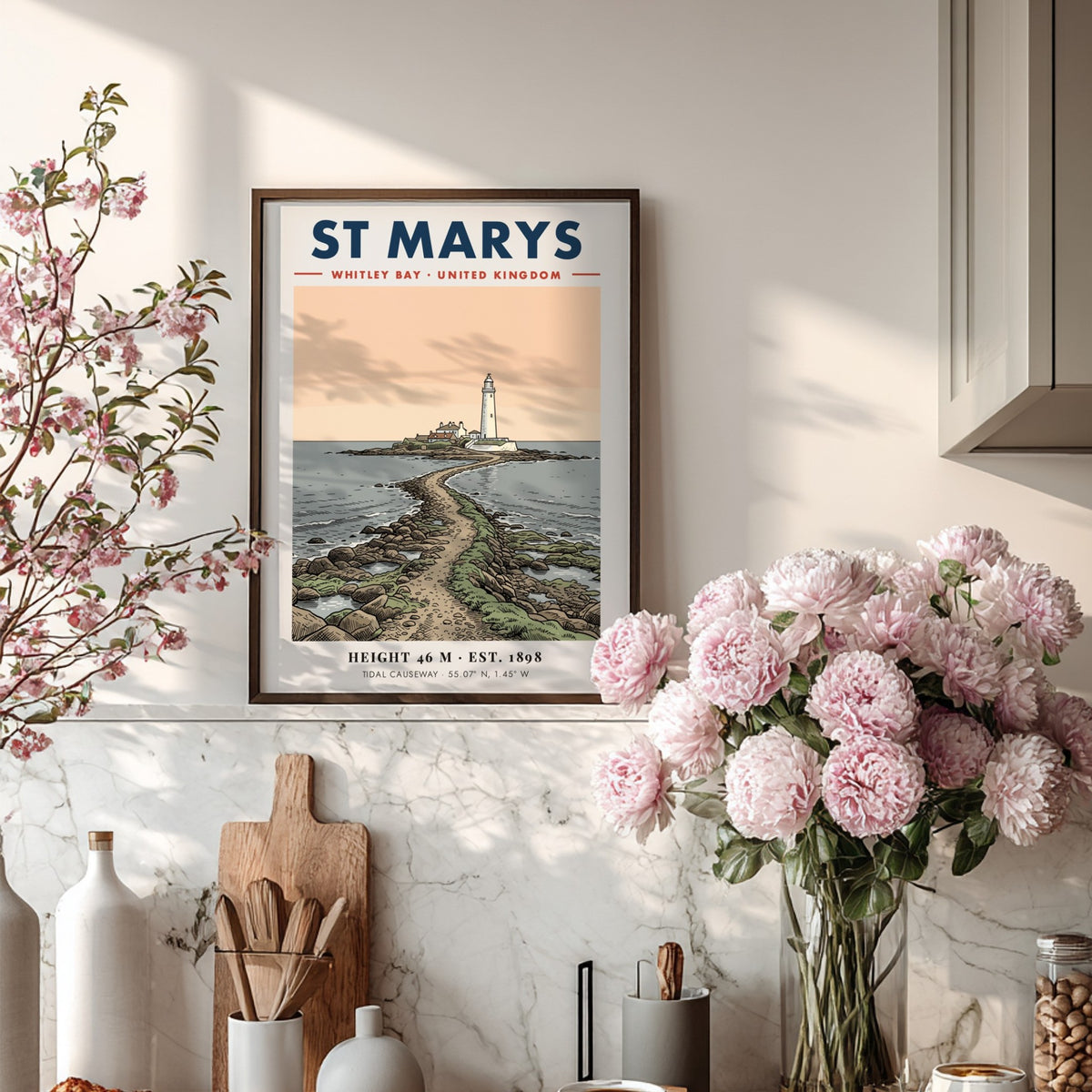 Coastal travel poster featuring St Marys Lighthouse in Whitley Bay with tidal causeway