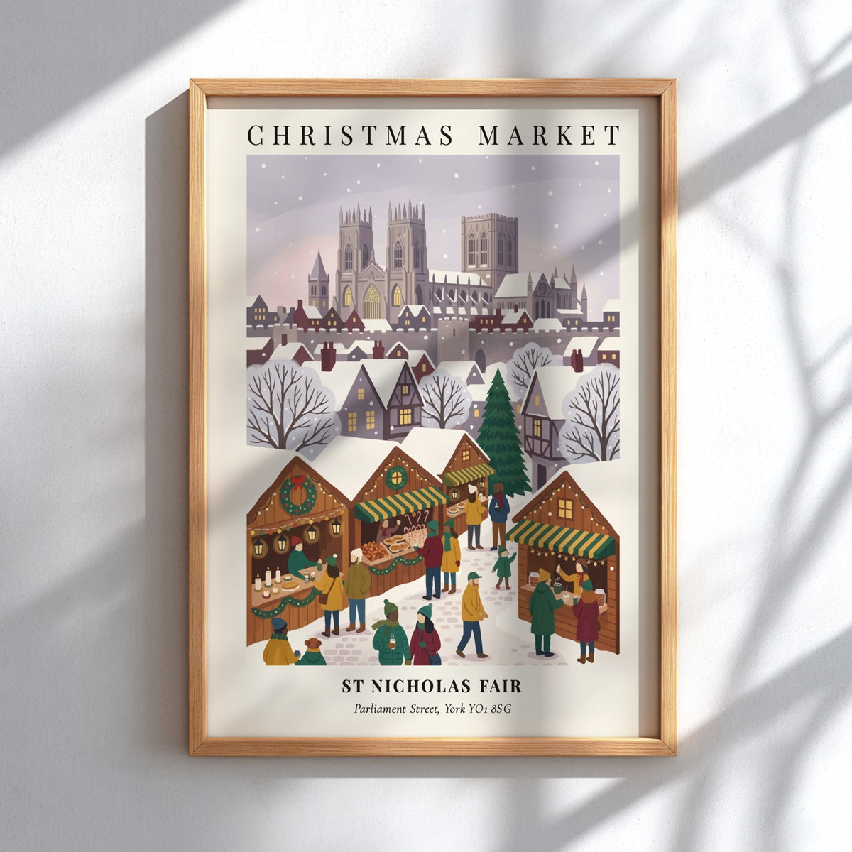 Poster of a snowy Christmas Market with the York cathedral in the background, illustrated.