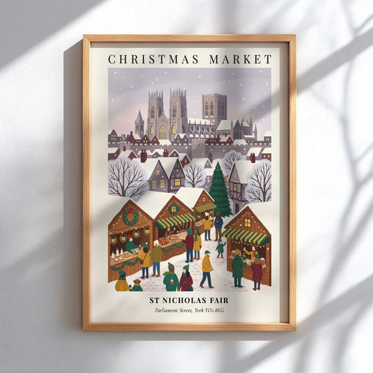 Poster of a snowy Christmas Market with the York cathedral in the background, illustrated.