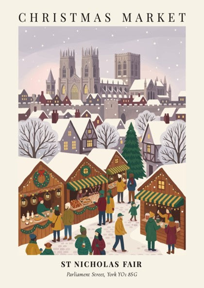 Poster of a snowy Christmas Market with the York cathedral in the background, illustrated.