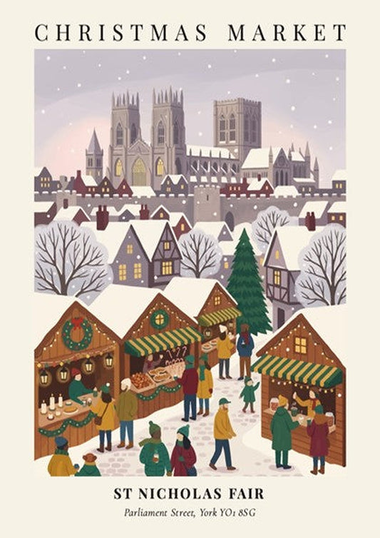 Poster of a snowy Christmas Market with the York cathedral in the background, illustrated.