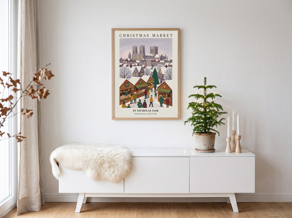 Poster of a snowy Christmas Market with the York cathedral in the background, illustrated.