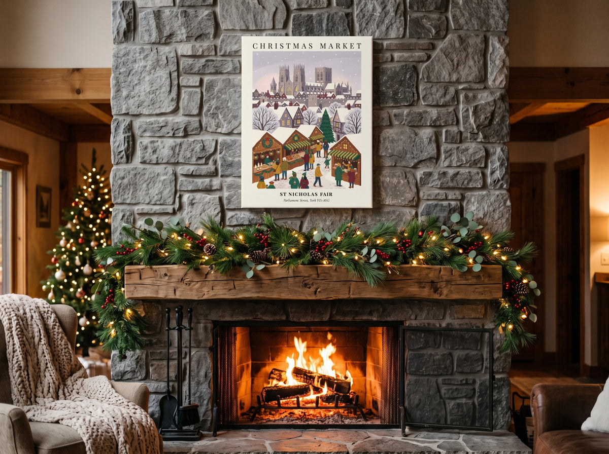 Poster of a snowy Christmas Market with the York cathedral in the background, illustrated.