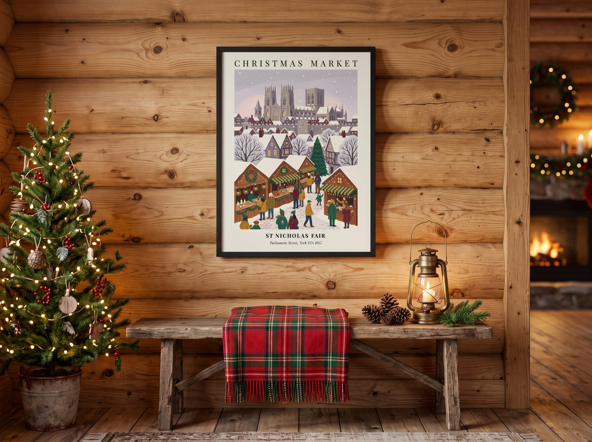 Poster of a snowy Christmas Market with the York cathedral in the background, illustrated.