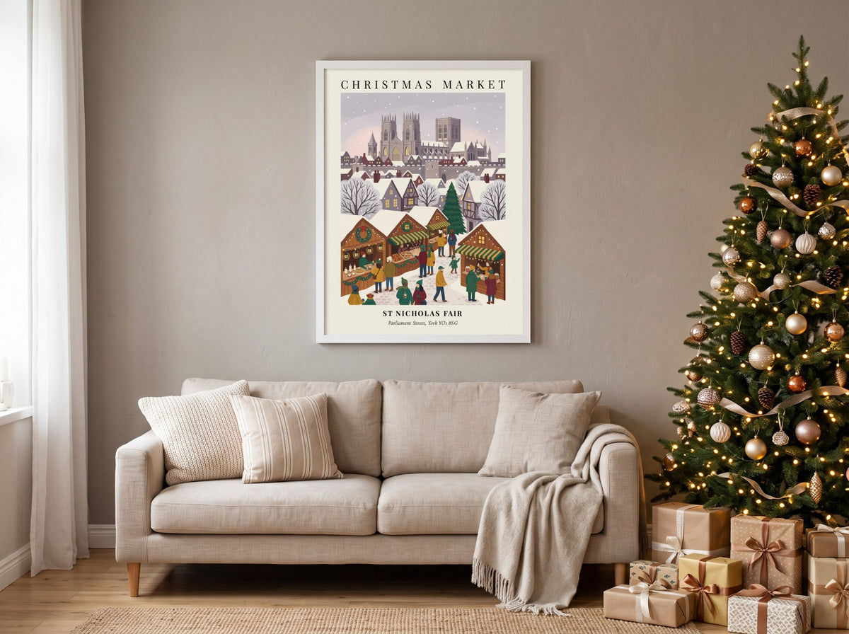 Poster of a snowy Christmas Market with the York cathedral in the background, illustrated.
