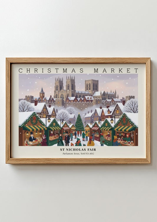 Poster featuring a snowy St Nicholas Fair Christmas Market with a historic cathedral background.