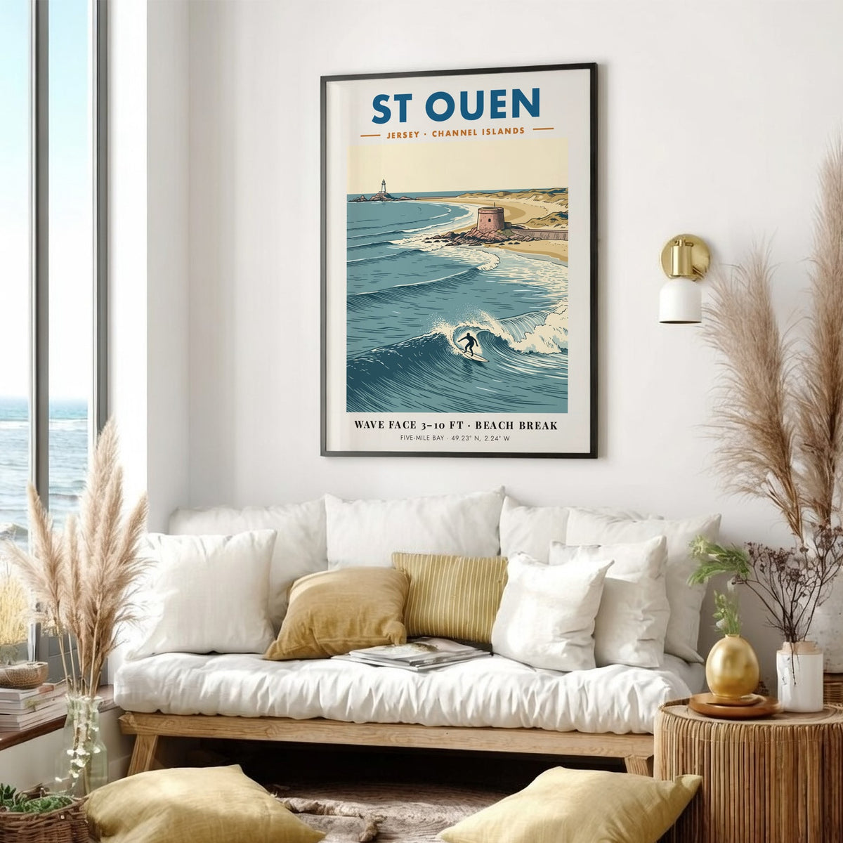 Poster showing a surfer in St Ouen with a lighthouse and coastal tower.