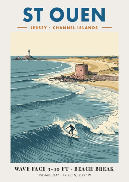 Poster showing a surfer in St Ouen with a lighthouse and coastal tower.