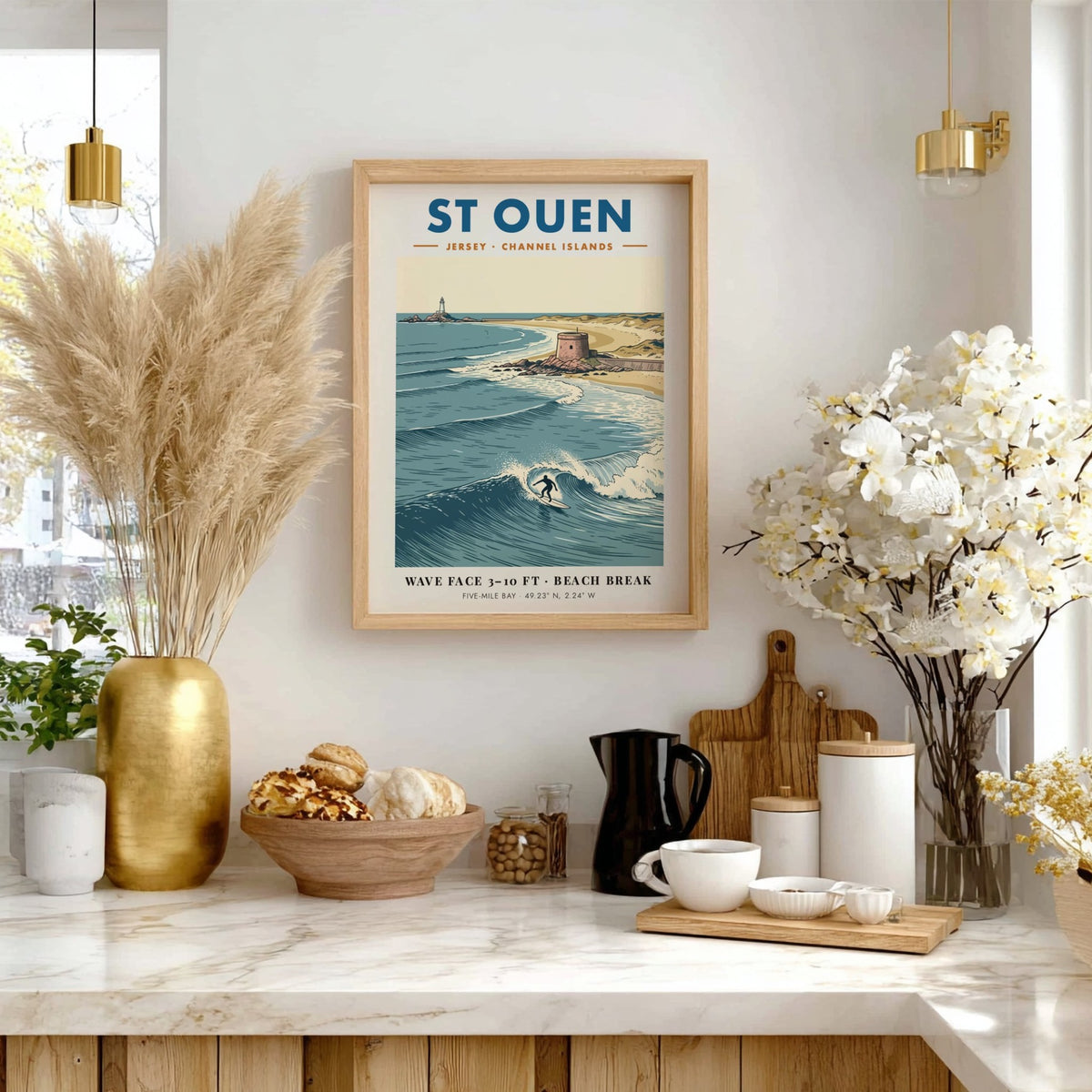 Poster showing a surfer in St Ouen with a lighthouse and coastal tower.