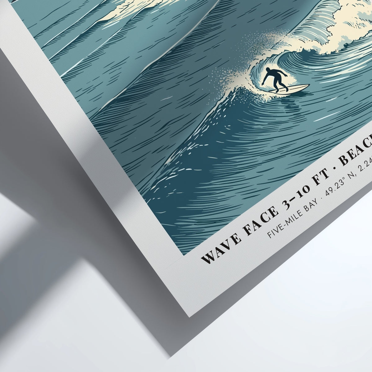 Poster showing a surfer in St Ouen with a lighthouse and coastal tower.