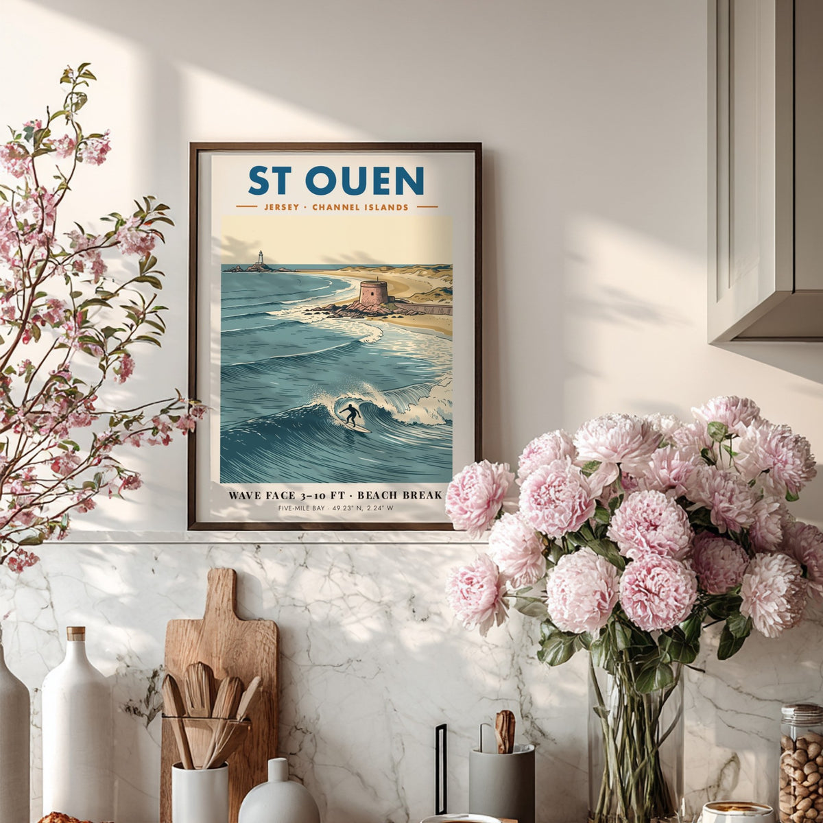 Poster showing a surfer in St Ouen with a lighthouse and coastal tower.
