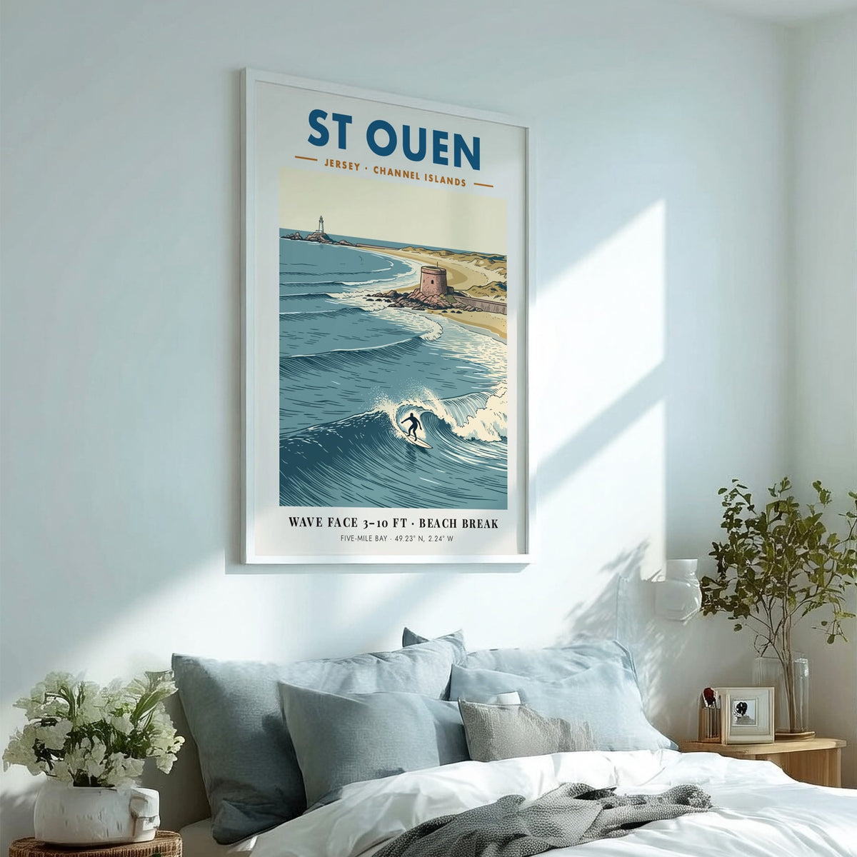 Poster showing a surfer in St Ouen with a lighthouse and coastal tower.
