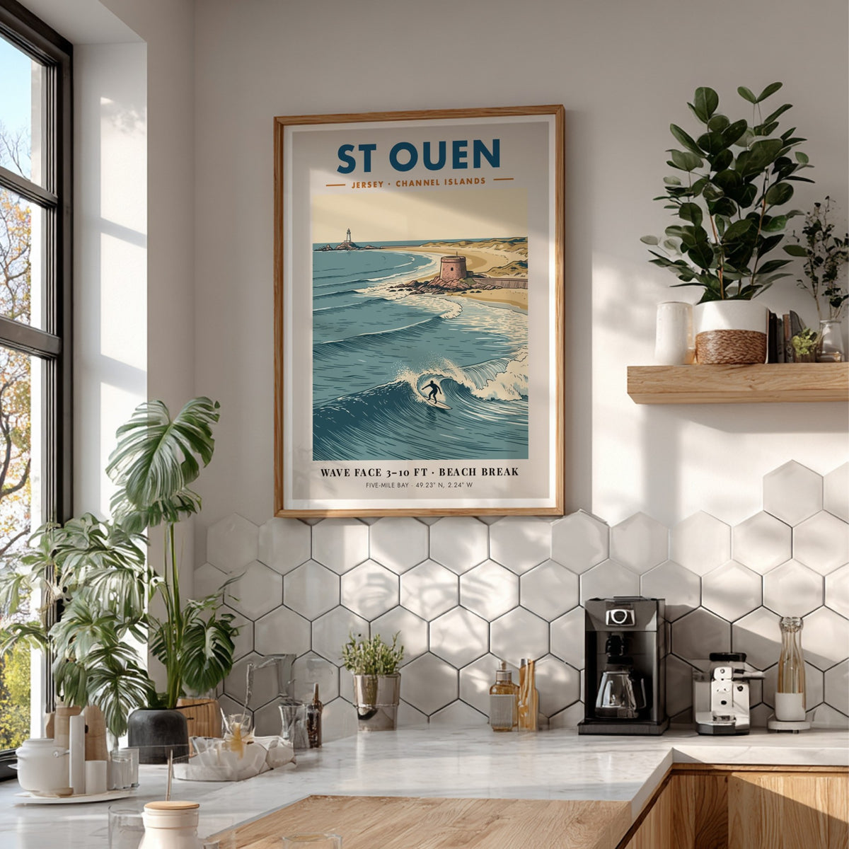 Poster showing a surfer in St Ouen with a lighthouse and coastal tower.