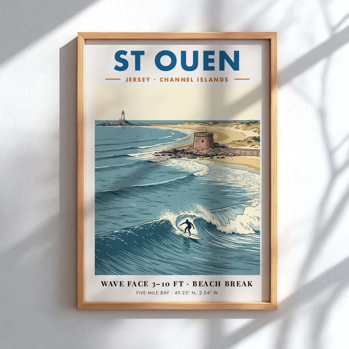 Poster showing a surfer in St Ouen with a lighthouse and coastal tower.