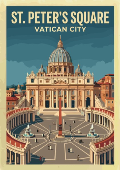 Travel poster of St Peter's Square in Vatican City featuring vintage style and warm colors