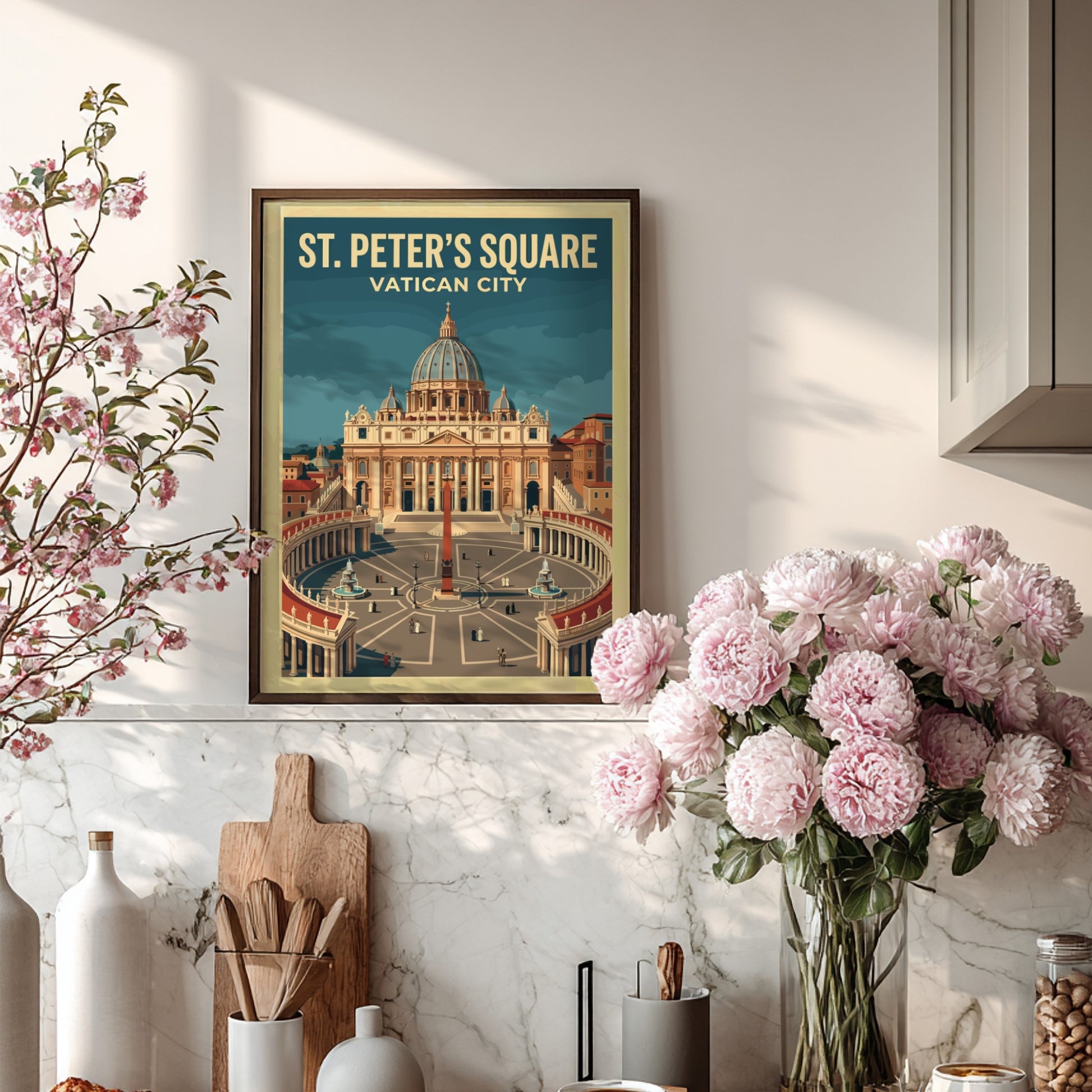 Travel poster of St Peter's Square in Vatican City featuring vintage style and warm colors