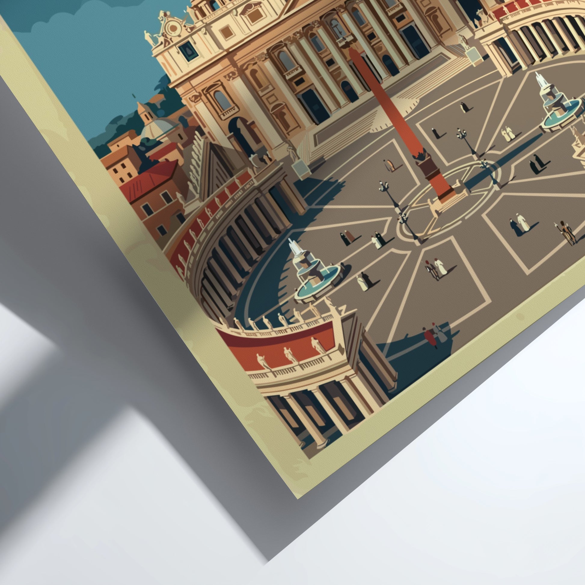 Travel poster of St Peter's Square in Vatican City featuring vintage style and warm colors
