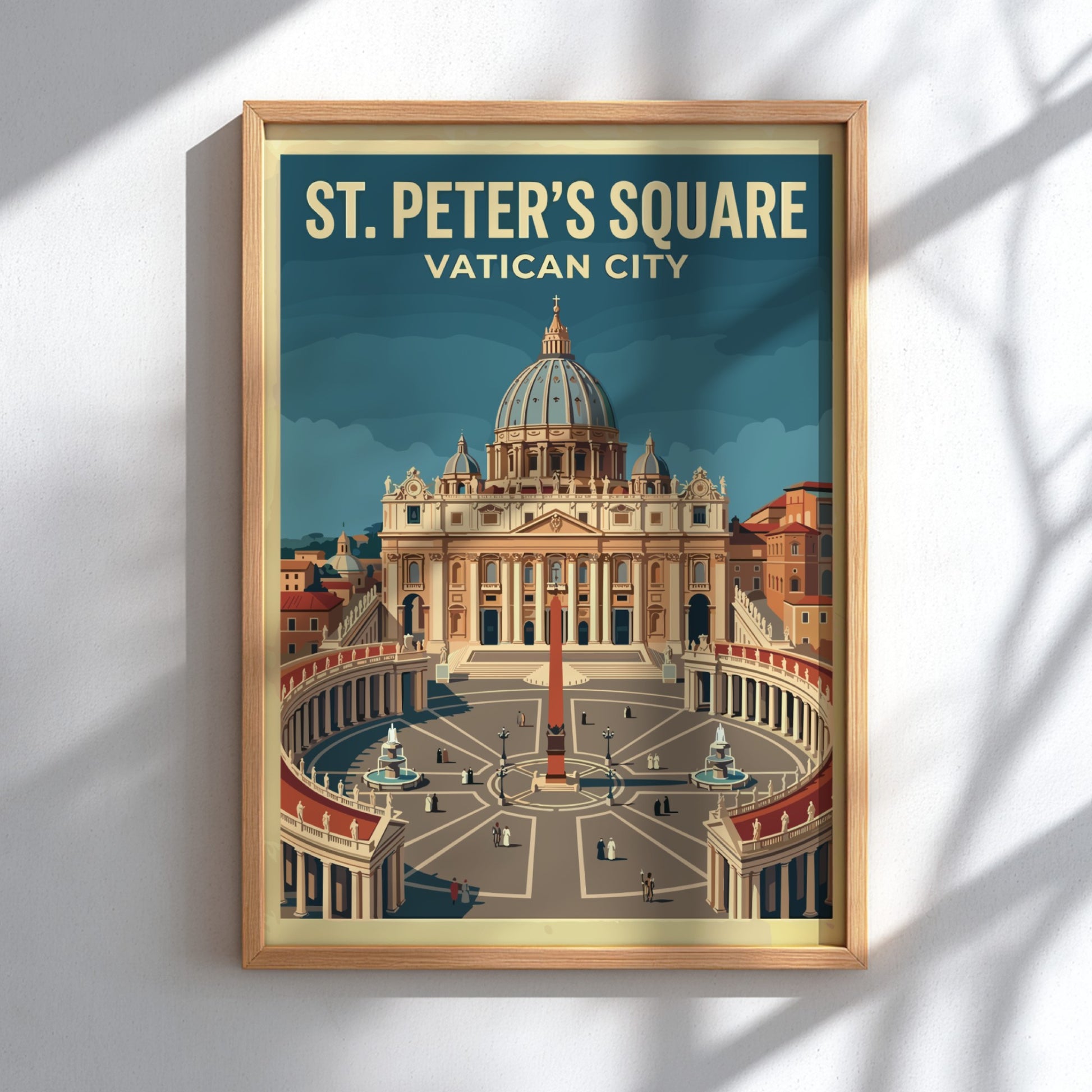 Travel poster of St Peter's Square in Vatican City featuring vintage style and warm colors