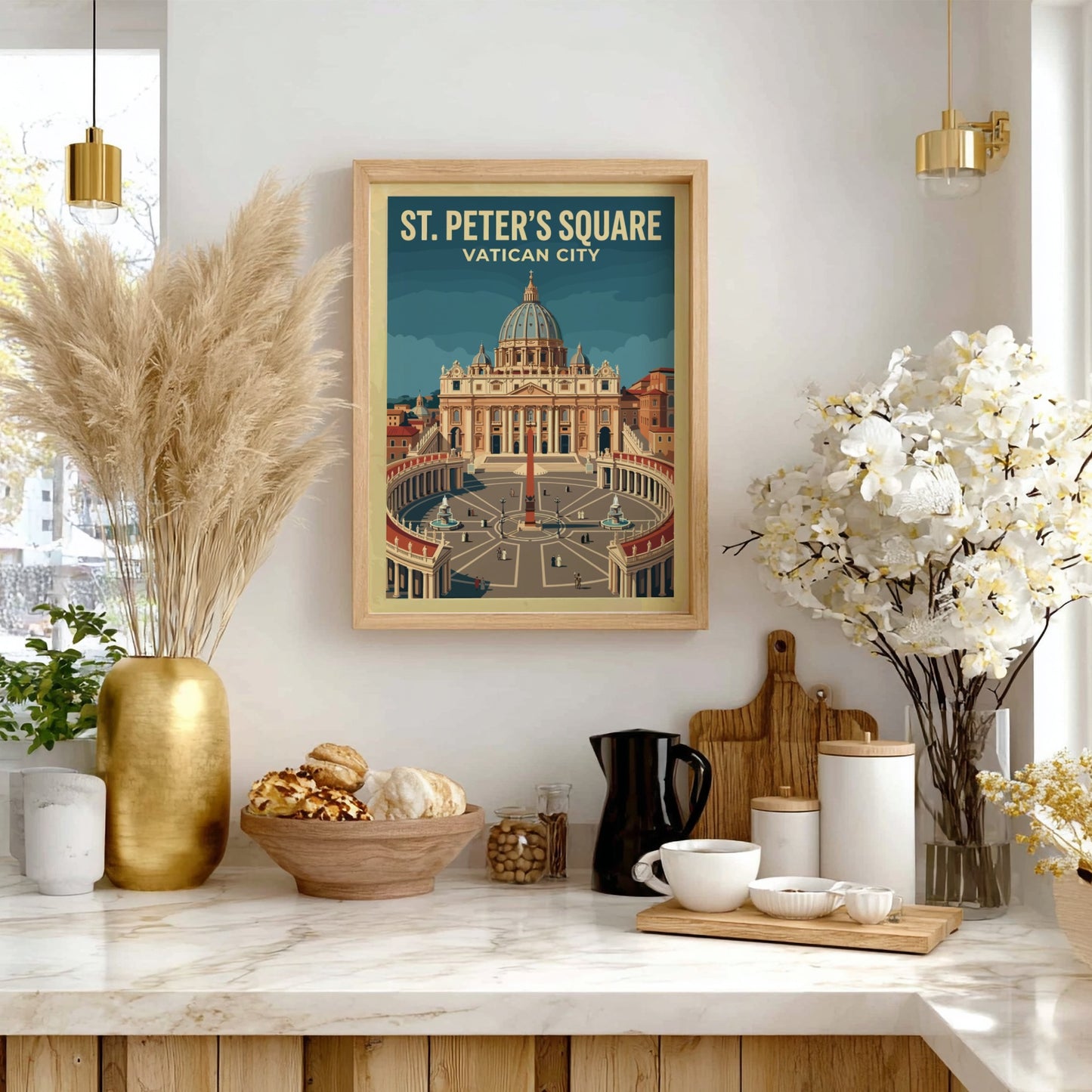 Travel poster of St Peter's Square in Vatican City featuring vintage style and warm colors