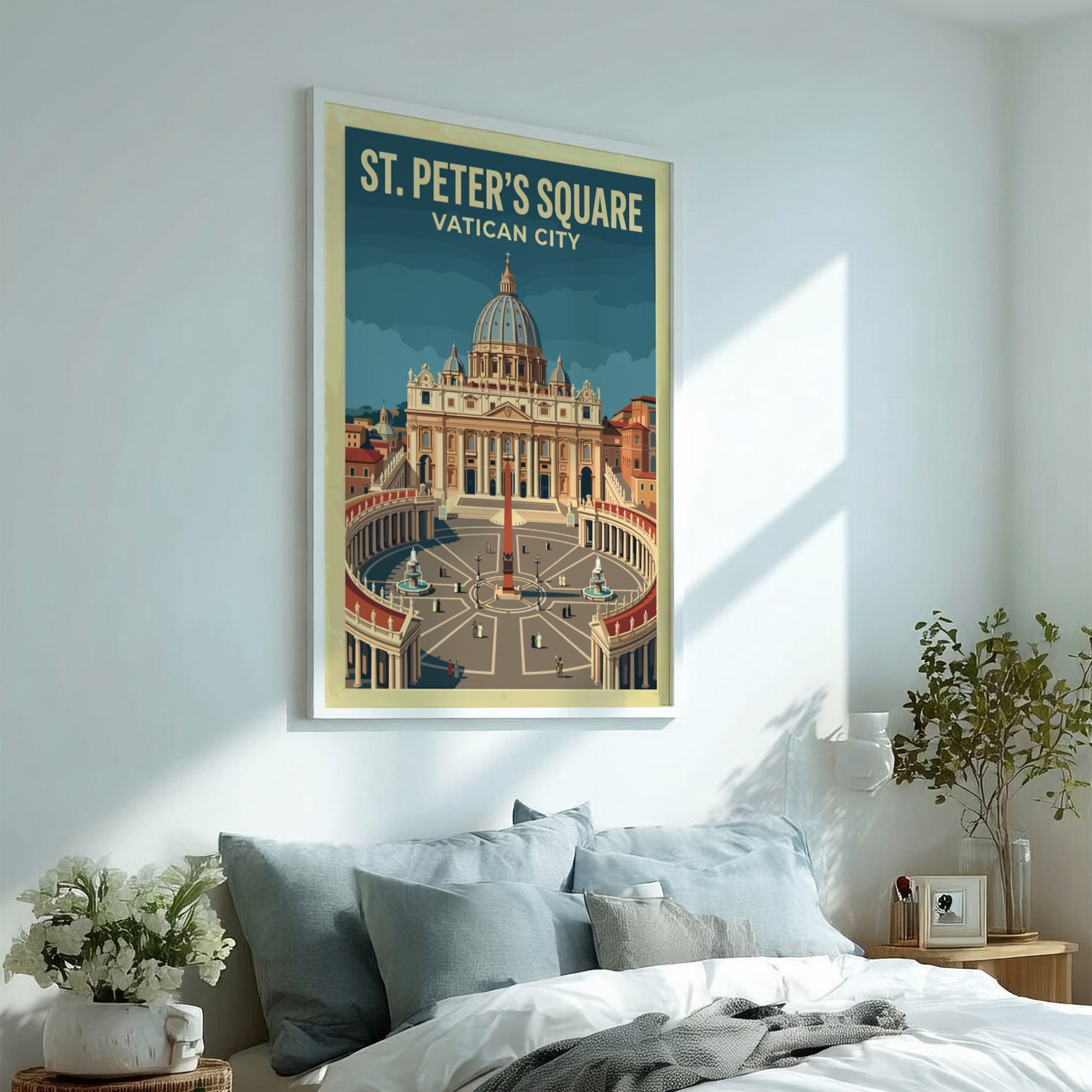 Travel poster of St Peter's Square in Vatican City featuring vintage style and warm colors