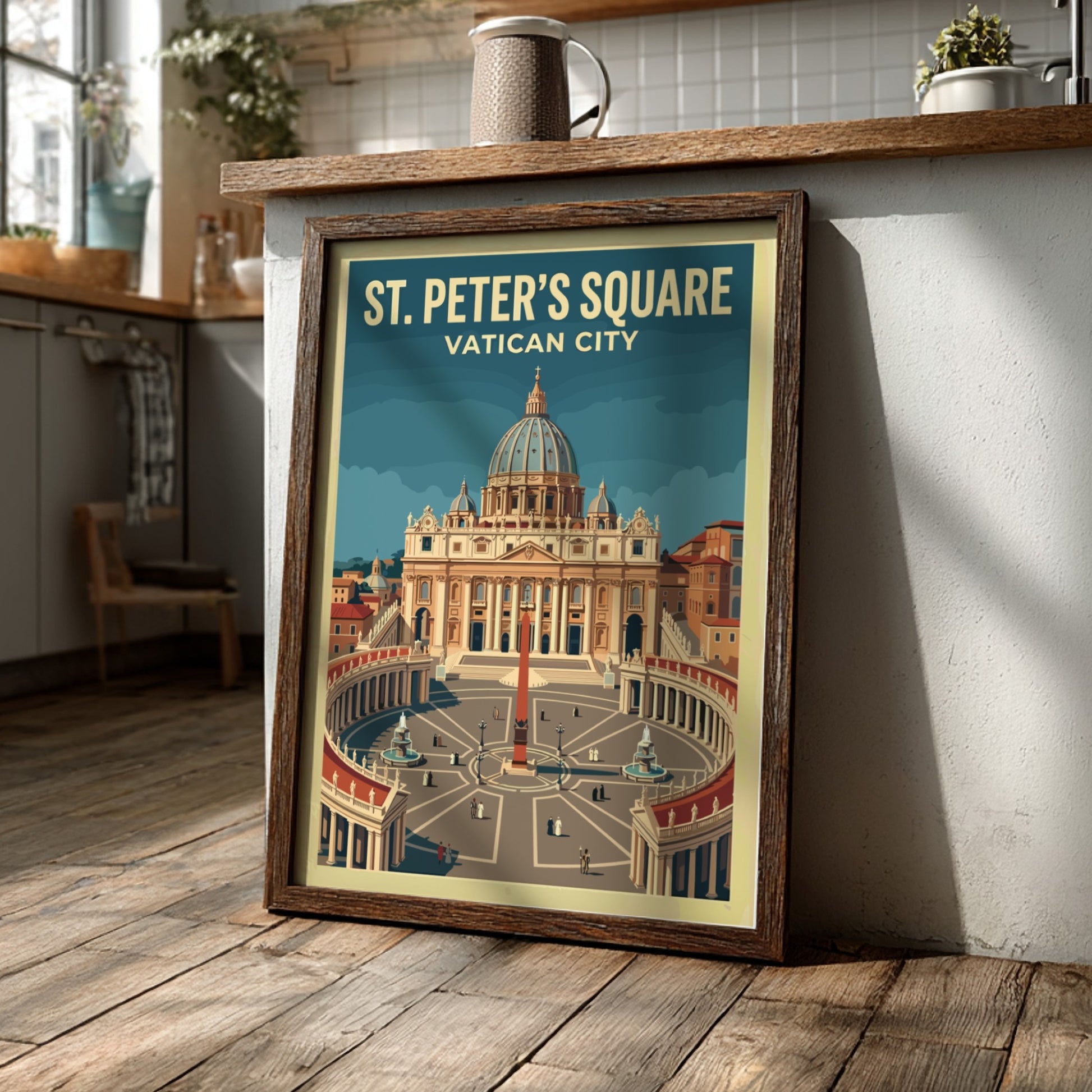 Travel poster of St Peter's Square in Vatican City featuring vintage style and warm colors