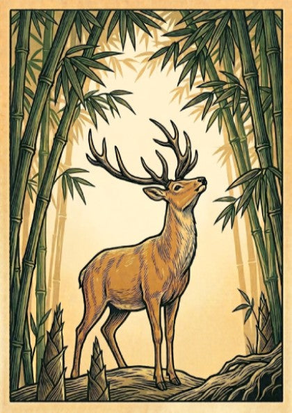 Stag in Bamboo Grove poster featuring earthy tones and Japanese art style elements