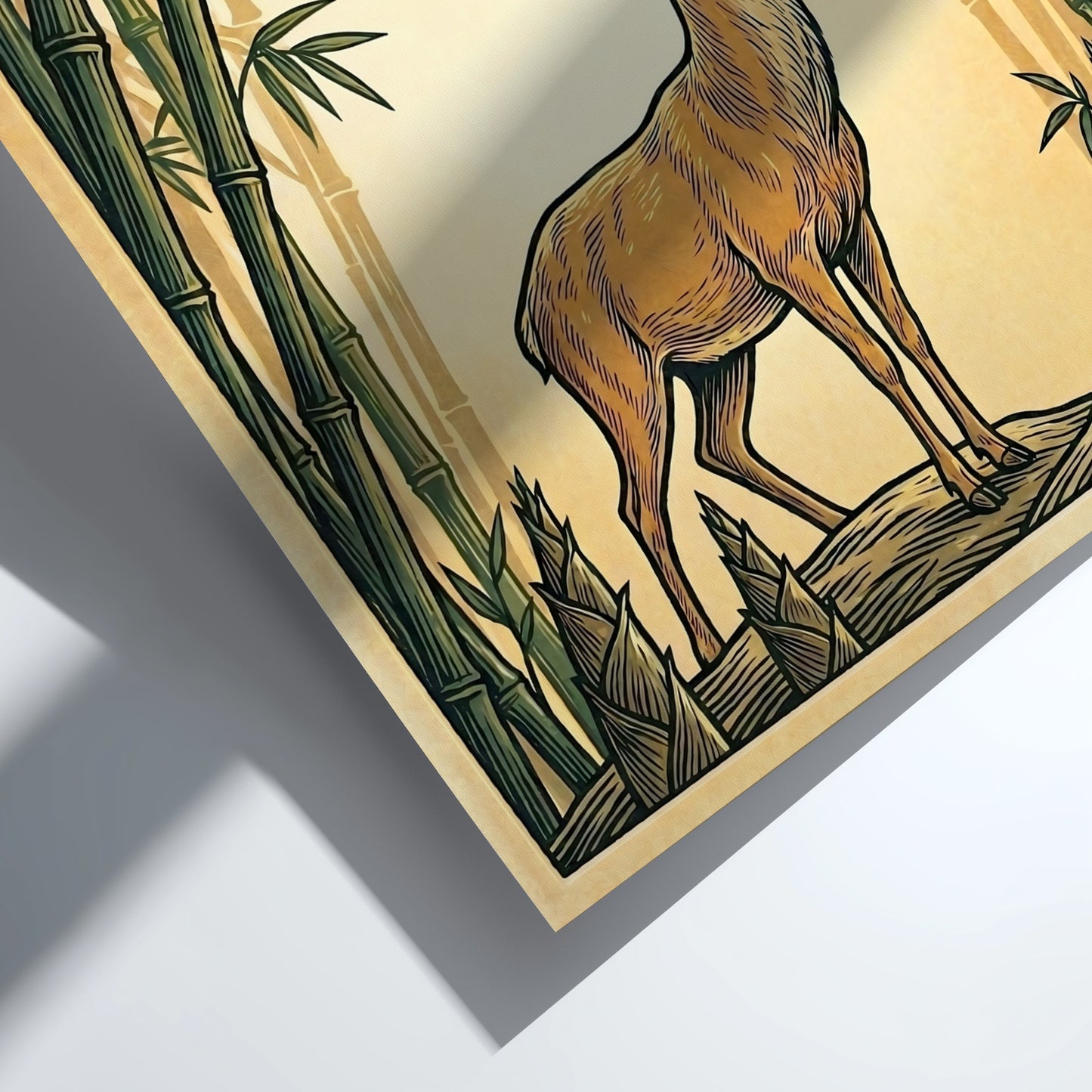 Stag in Bamboo Grove poster featuring earthy tones and Japanese art style elements