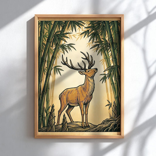 Stag in Bamboo Grove poster featuring earthy tones and Japanese art style elements