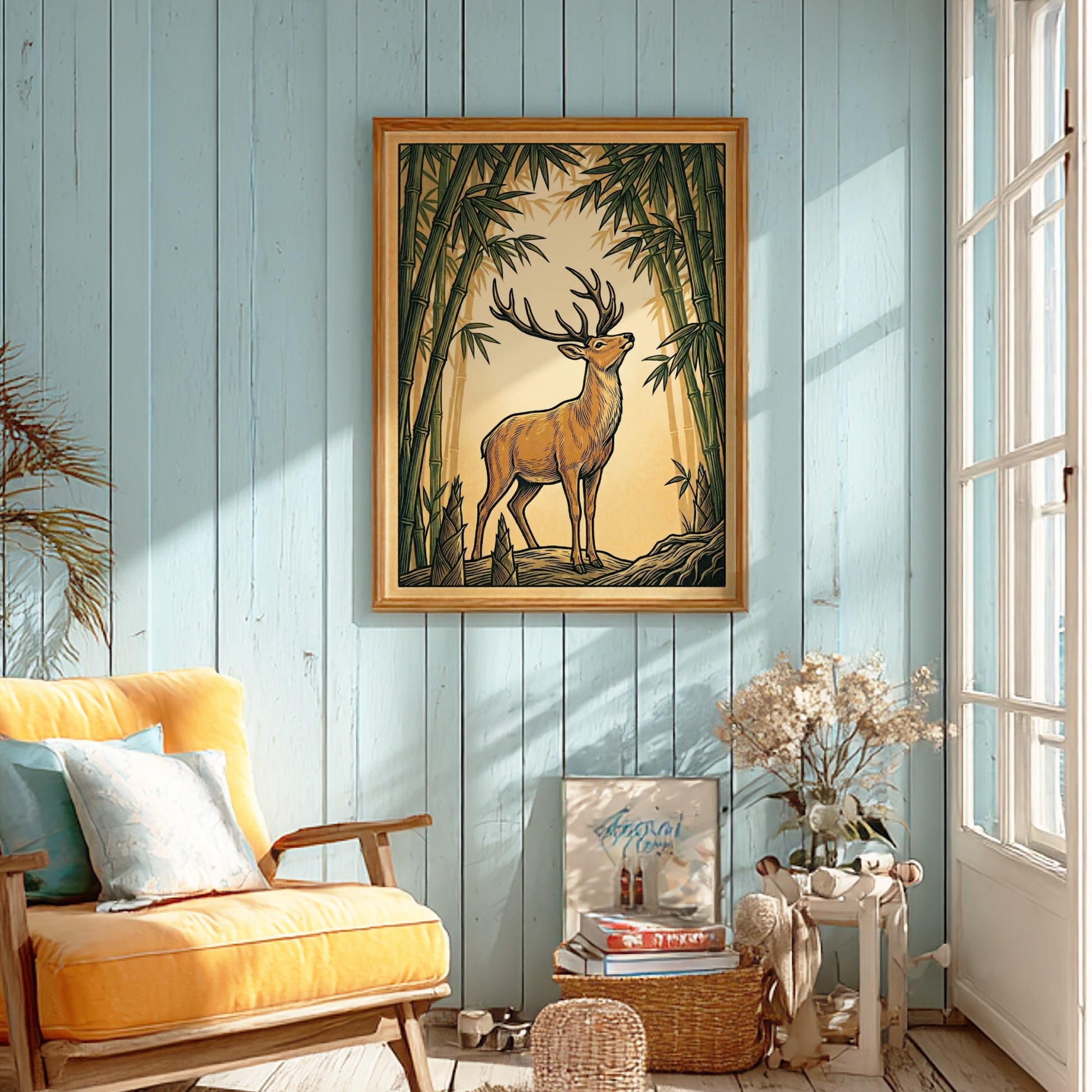 Stag in Bamboo Grove poster featuring earthy tones and Japanese art style elements