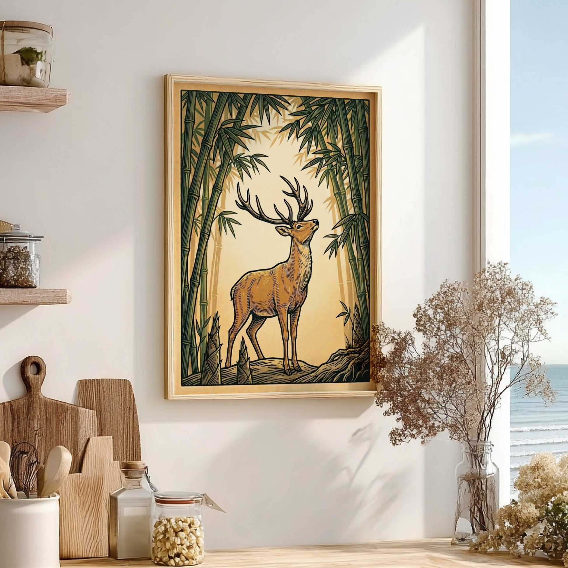 Stag in Bamboo Grove poster featuring earthy tones and Japanese art style elements