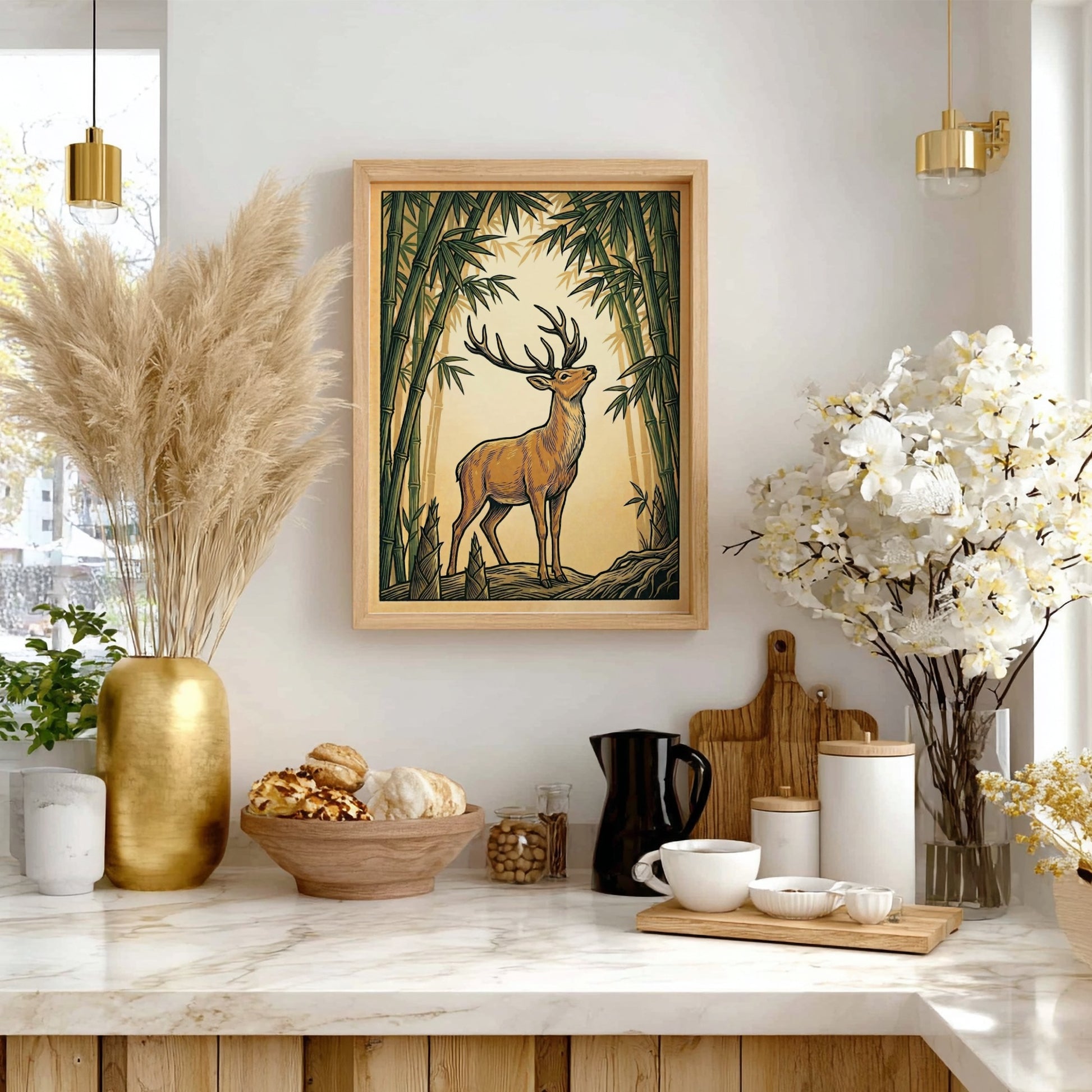 Stag in Bamboo Grove poster featuring earthy tones and Japanese art style elements