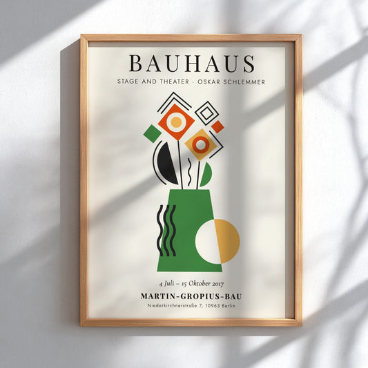 Bauhaus poster featuring geometric shapes and vibrant colors, ideal for wall decor.