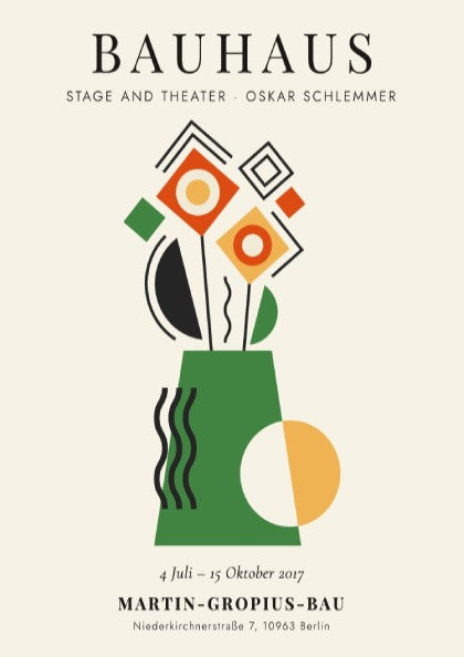 Bauhaus poster featuring geometric shapes and vibrant colors, ideal for wall decor.
