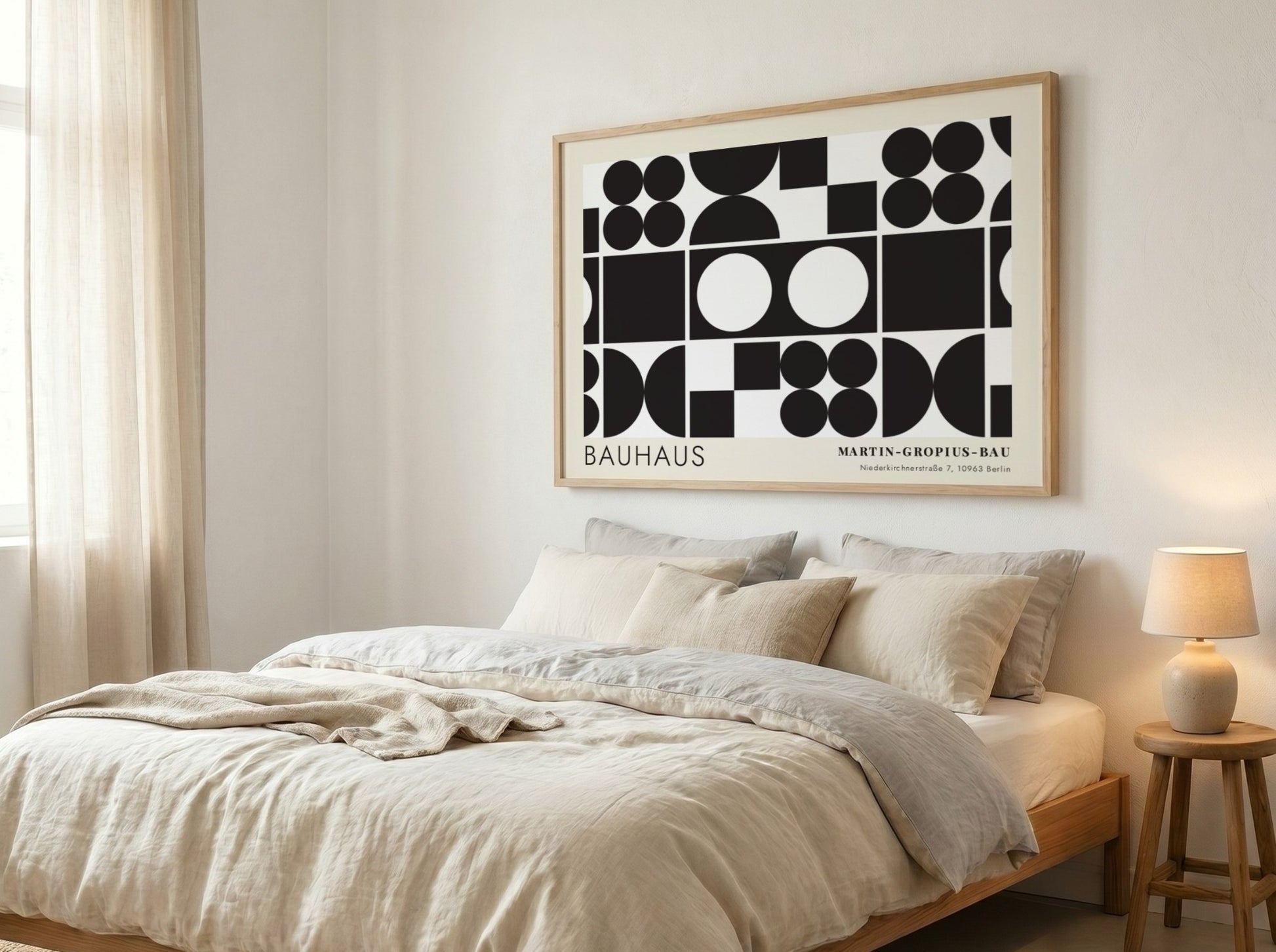 Bauhaus exhibition poster featuring geometric black shapes and white circles by Oskar Schlemmer