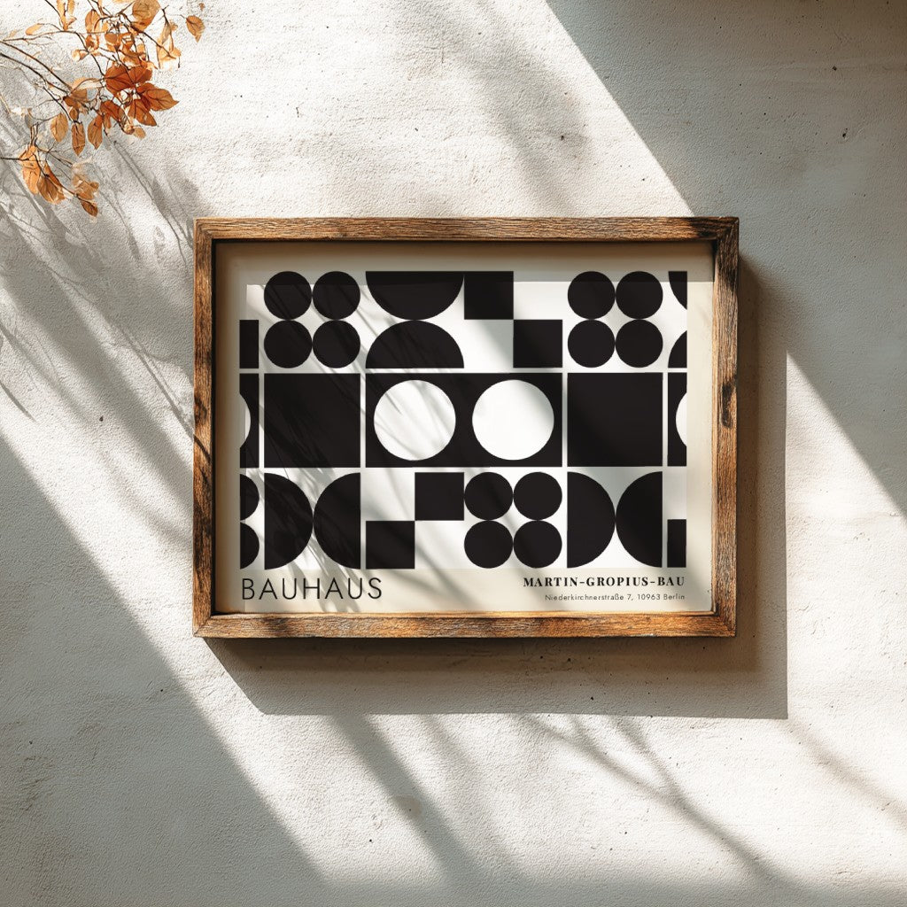 Bauhaus exhibition poster featuring geometric black shapes and white circles by Oskar Schlemmer