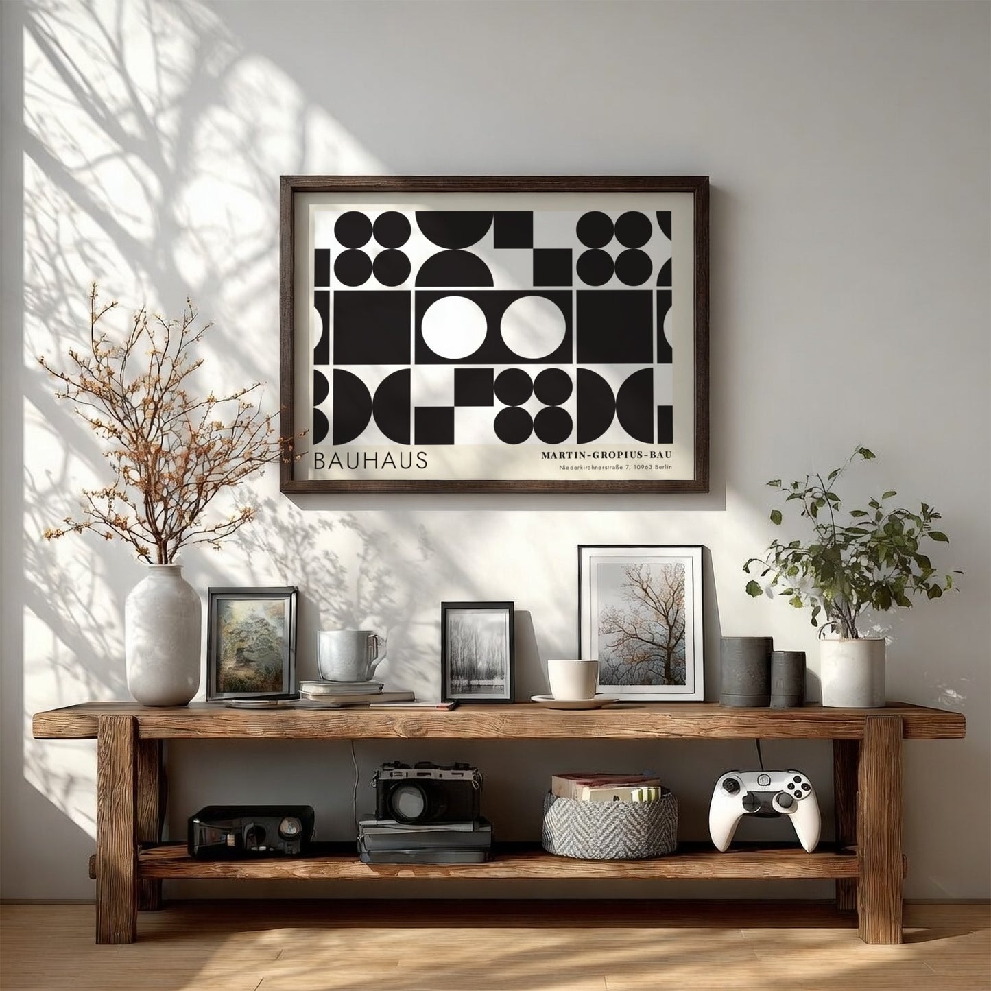 Bauhaus exhibition poster featuring geometric black shapes and white circles by Oskar Schlemmer