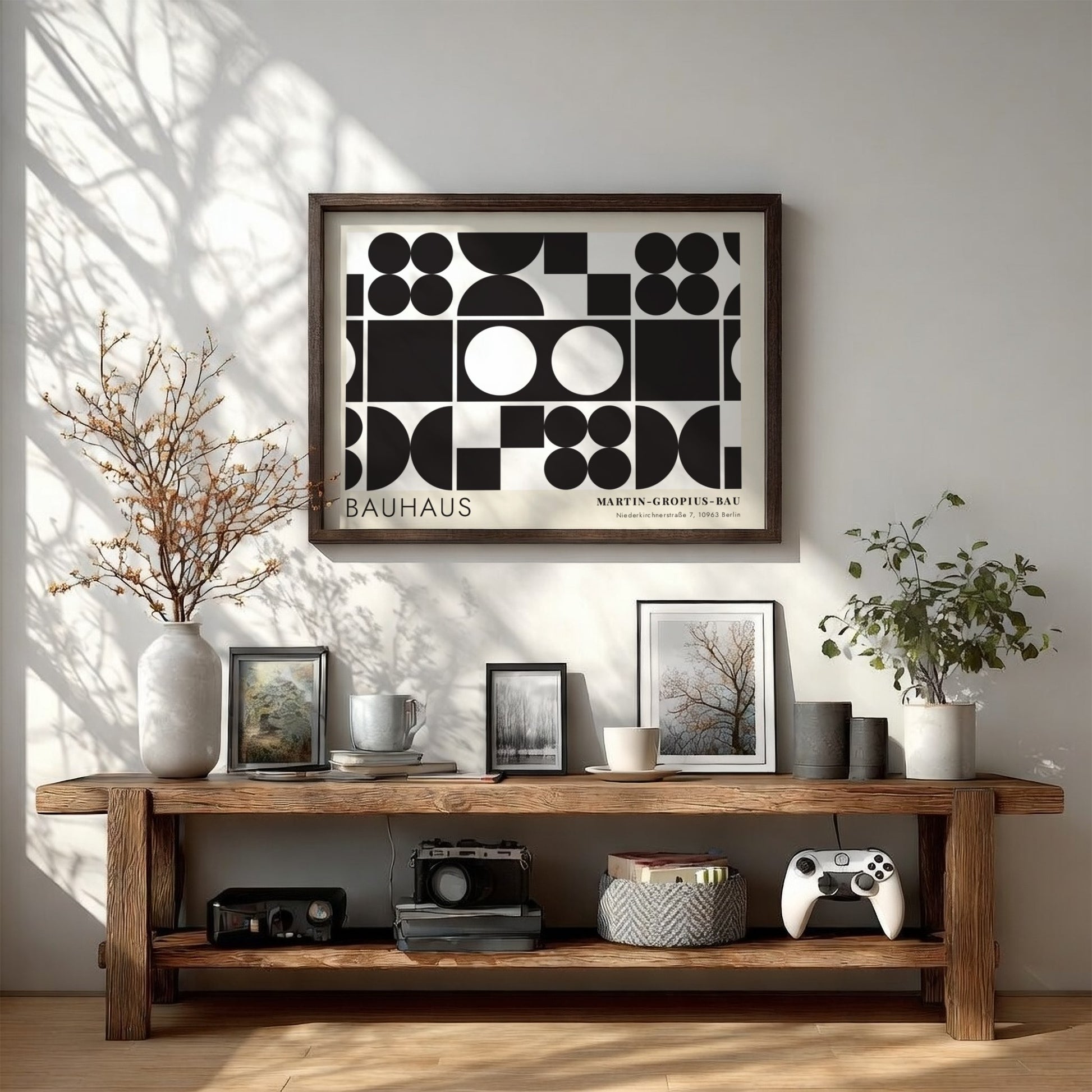 Bauhaus exhibition poster featuring geometric black shapes and white circles by Oskar Schlemmer
