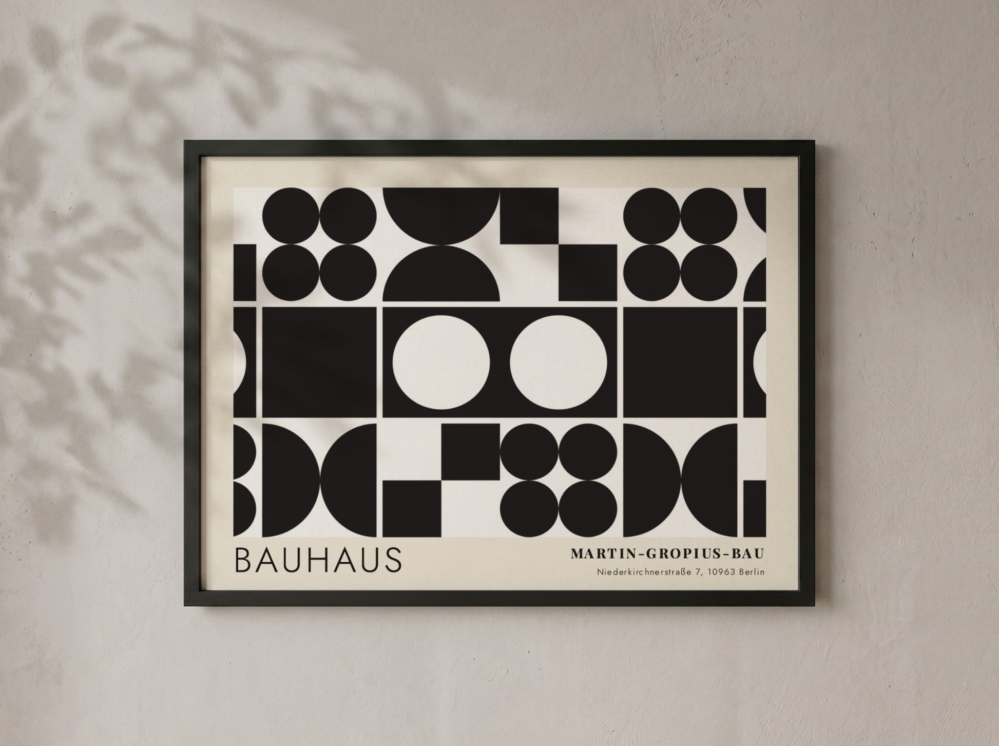 Bauhaus exhibition poster featuring geometric black shapes and white circles by Oskar Schlemmer
