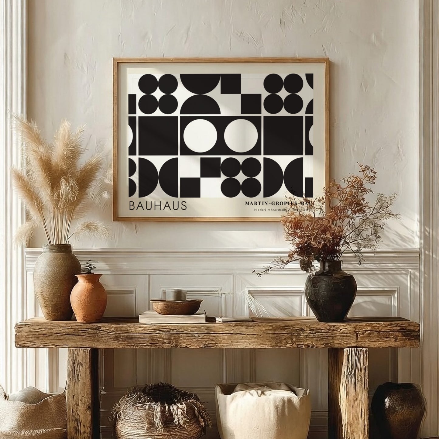 Bauhaus exhibition poster featuring geometric black shapes and white circles by Oskar Schlemmer