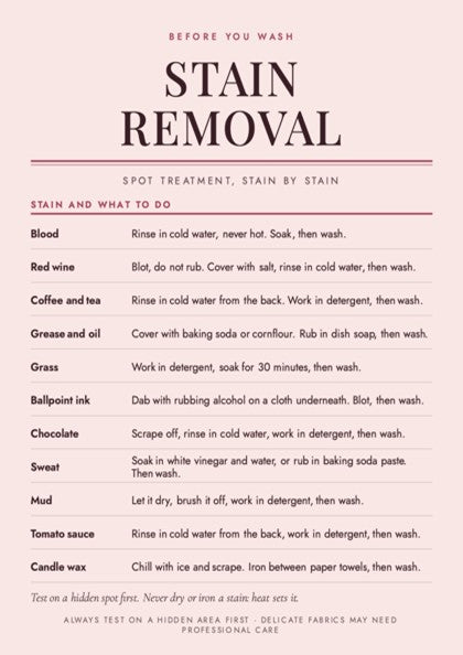 A printed stain removal guide with a pale pink background, featuring a list of common stains and instructions for treating them, headed by the text 'STAIN REMOVAL'.