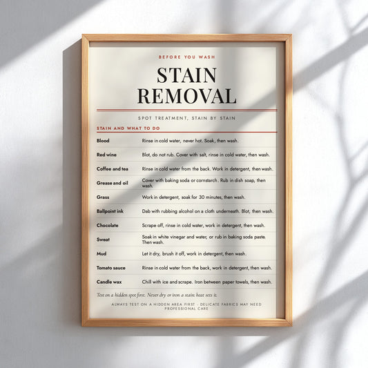 A framed 'Drying Guide' poster hanging on a white wall, featuring black and coral text on a cream background inside a light wood frame, with soft window shadows cast across it.