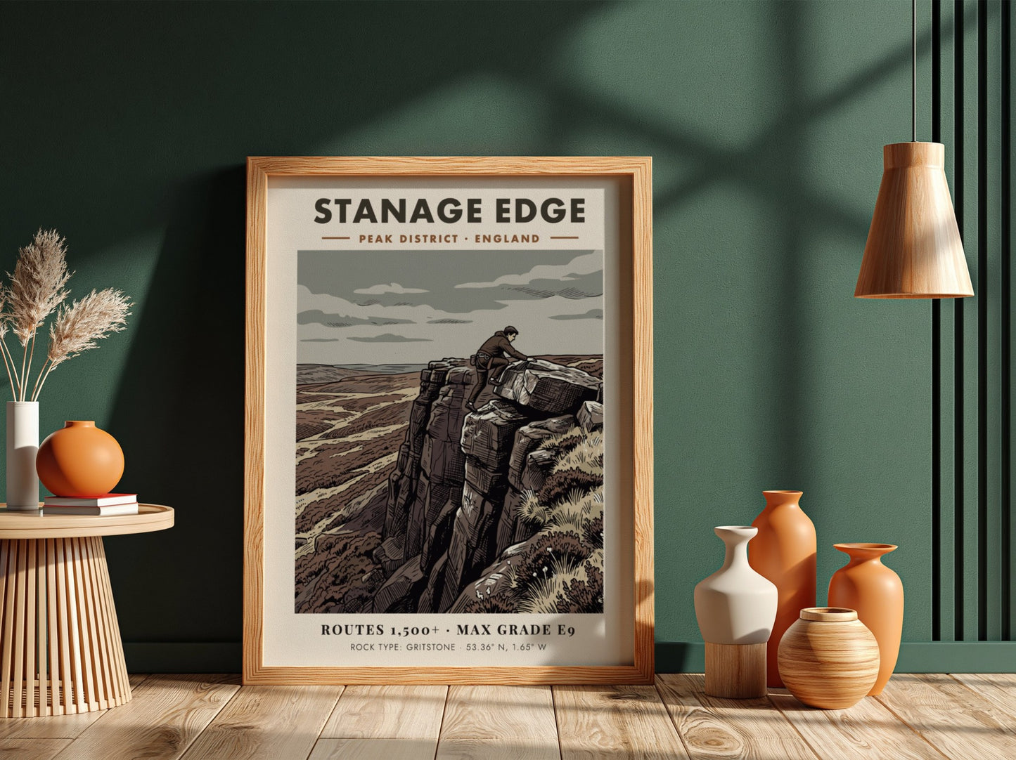 Poster of a climber on Stanage Edge featuring muted earth tones and gritstone